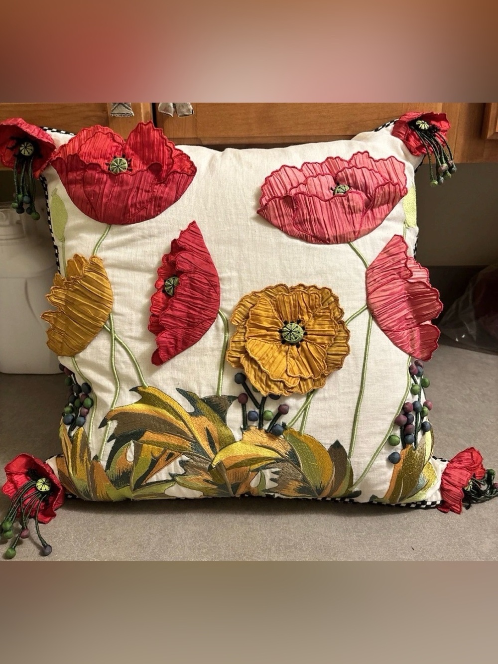 MacKenzie-Childs Floral Embroidered Decorative Pillow in Red and Yellow NWOT